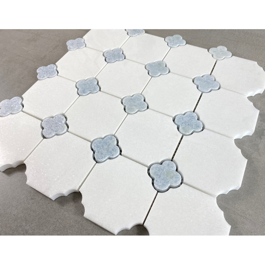 Thassos White Marble Octagon and Blue Celeste Clover Mosaic Wall and Floor Tile